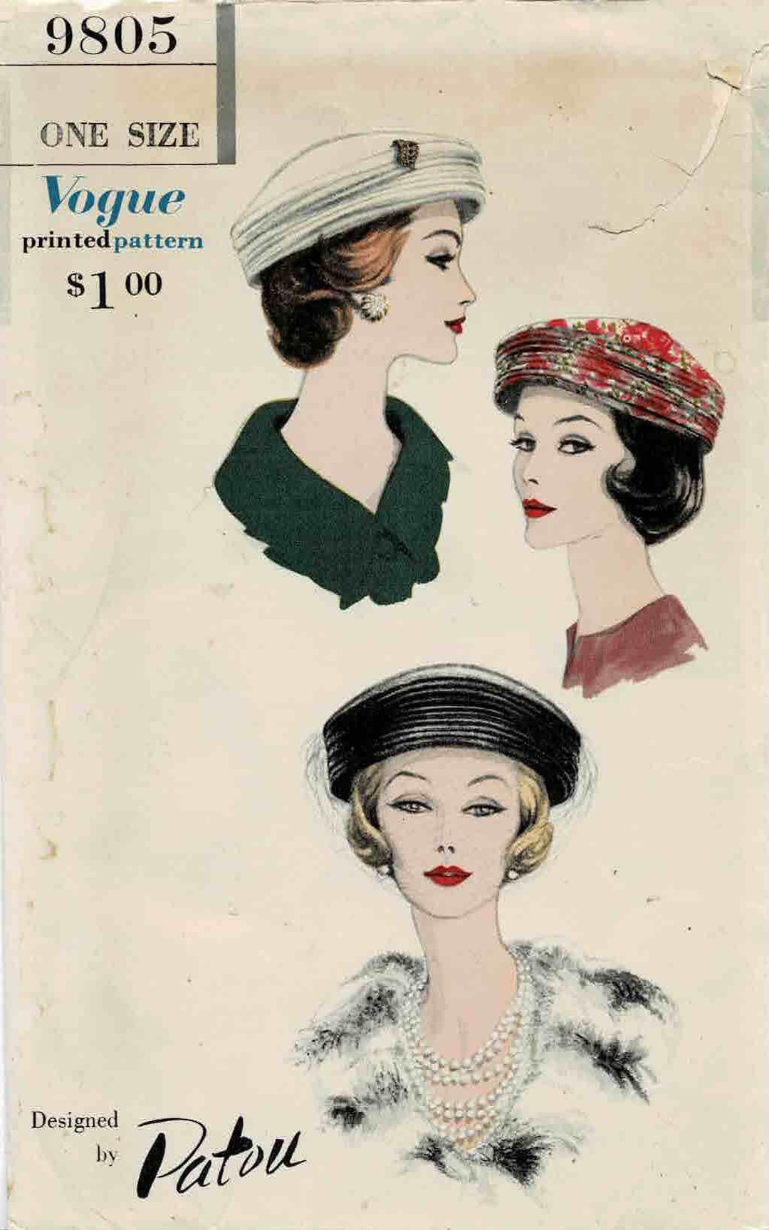 1950s Vogue 9805 Vintage Sewing Pattern Designer Patou - Toque Hats ...