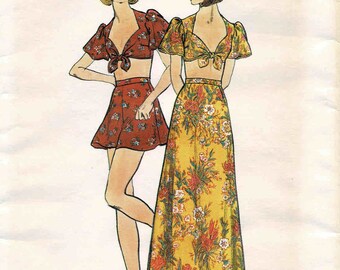 1970s delantero atado midriff novia cuello cuello top estampados acampanados Maxi Falda Butterick 3724 Vintage patrón de costura UNCUT diferentes tamaños disponibles