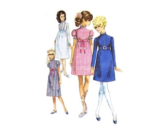 1960s High Waist Puff Sleeve Dress Simplicity 7792 Vintage Sewing Pattern Junior Size 9 Bust 32