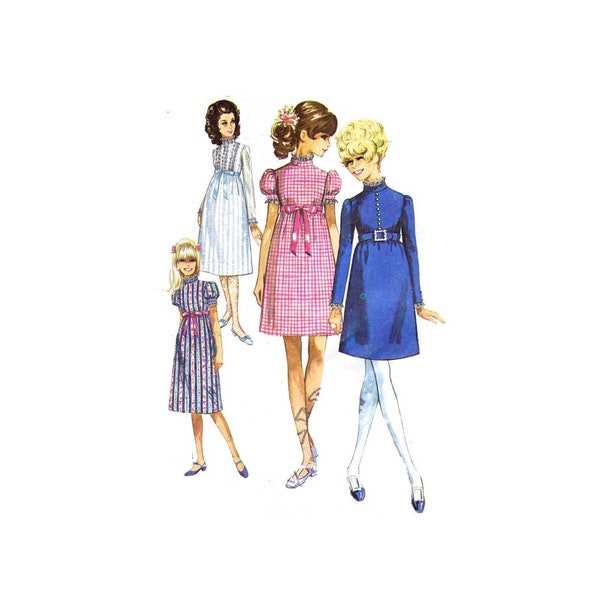 1960s High Waist Puff Sleeve Dress Simplicity 7792 Vintage Sewing Pattern Junior Size 9 Bust 32