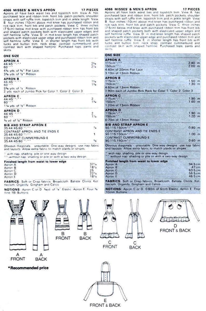 Misses and Mens Aprons Bib Apron Long Apron with Ruffles Kitchen Apron BBQ Apron Butterick 4066 Vintage Sewing Pattern UNCUT