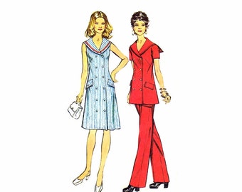 1970s Misses Dress Tunic Pants Simplicity 5566 Vintage Sewing Pattern Double Breasted Sailor Collar Dress Size 12 Bust 34 UNCUT