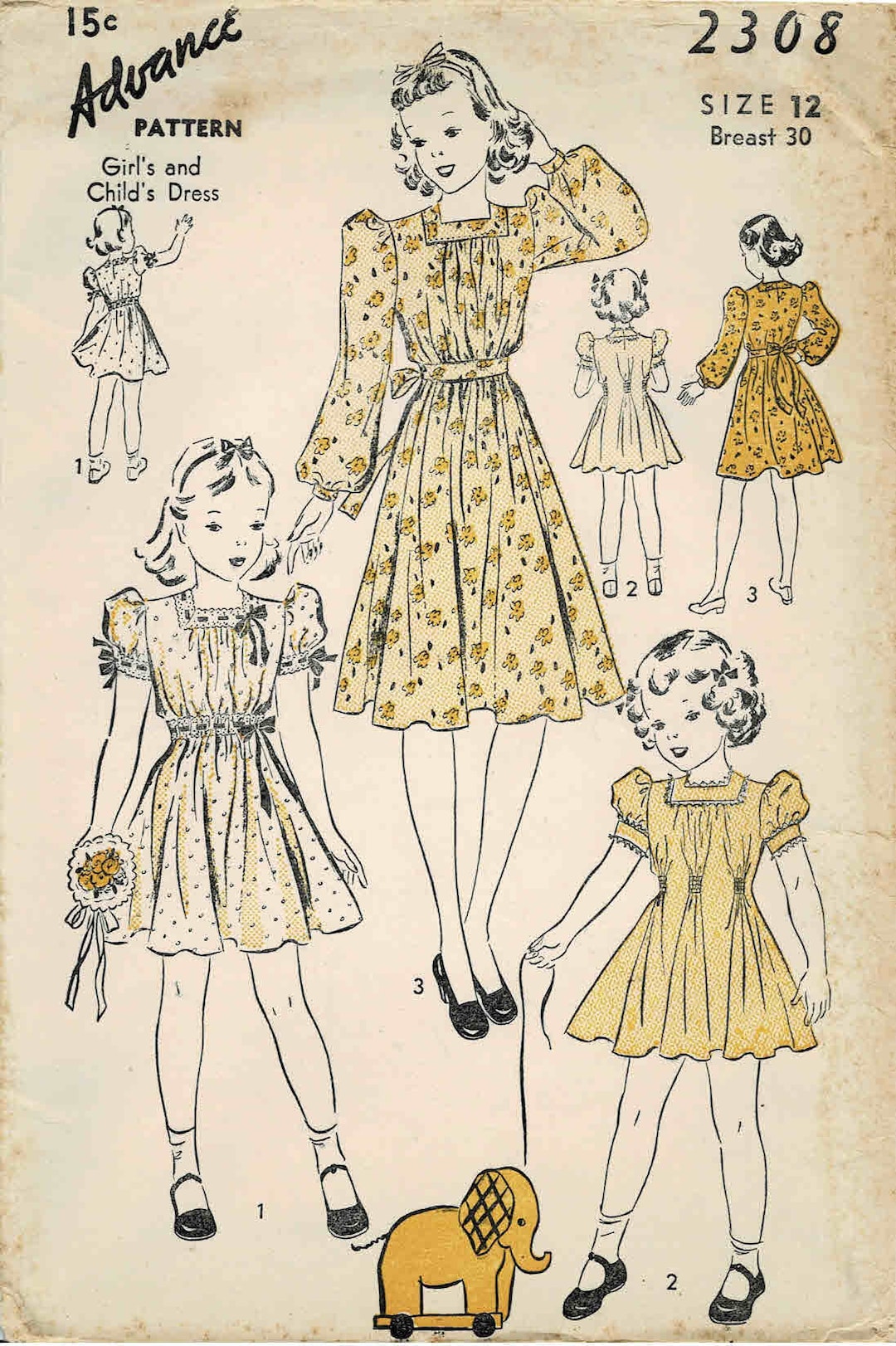 1930s Girls Square Neck Dress Advance 2308 Vintage Sewing