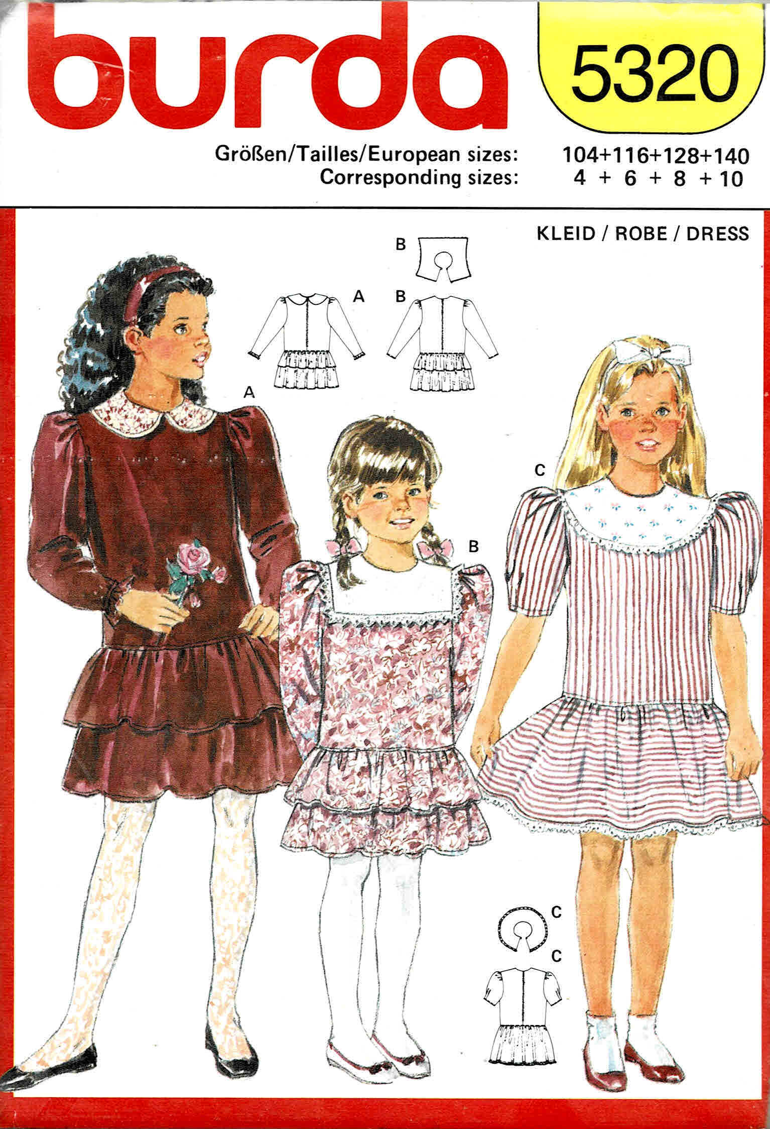 1980s Girls Dress with Ruffles Burda 5320 Vintage Sewing Pattern Size 4 - 6  - 8 - 10 UNCUT