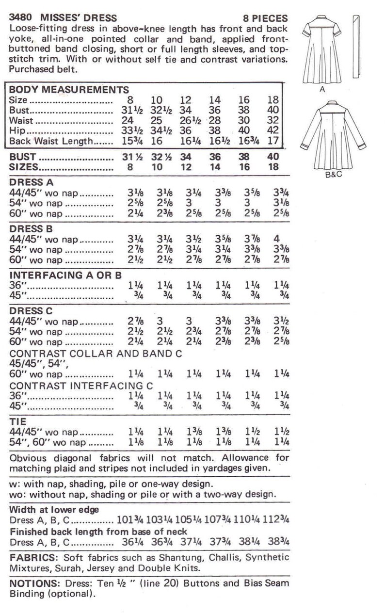 1970s Misses Loose Fitting Dress Butterick 3480 Vintage Sewing Pattern ...