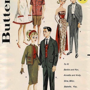 May include: A vintage sewing pattern for doll clothes. The pattern is for a red and white checkered shirt, a green jacket, a green skirt, a white dress, a red dress, and a black suit. The pattern is for dolls that are 11 1/2 inches tall.
