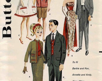 1960s Boy & Girl Teenage Doll Clothes Butterick 2519 Vintage Sewing Pattern Fits 11/2" Girl Doll and 12" Boy Doll UNCUT