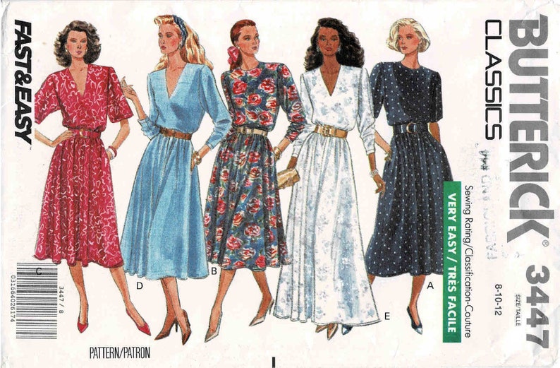 1980s Misses Pullover Dress Short or Evening Length Butterick 3447 Vintage Sewing Pattern Size 8 10 12 Bust 31 1/2 32 1/2 34 UNCUT image 1