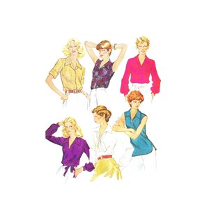 May include: A vintage sewing pattern featuring six different blouse designs. The blouses are shown in various colors, including yellow, pink, purple, blue, and white. The pattern includes instructions for making the blouses.