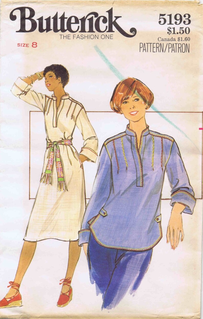 1970s Misses Dress and Top Butterick 5193 Vintage Sewing Pattern Size 8 ...