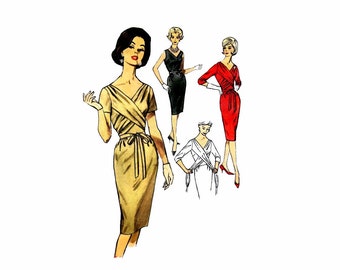 1960s Front Draped Cocktail Dress Simplicity 4228 Vintage Sewing Pattern Womens Sheath V-Neckline Dress Misses Size 12 Bust 32 UNCUT