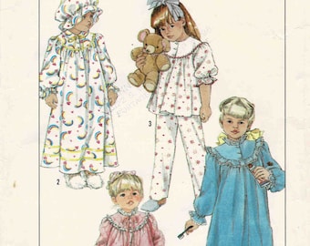 Little Girls Nightgown Pajamas Robe Hat Simplicity 8812 Vintage Sewing Pattern Size 2 UNCUT