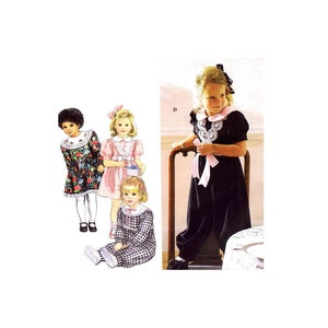 May include: Four illustrations of children wearing different dresses. The first child is wearing a floral print dress with a white collar and a pink bow. The second child is wearing a pink dress with a white collar and a white bow. The third child is wearing a plaid dress with a white collar and a white bow. The fourth child is wearing a black dress with a white lace collar and a pink bow.