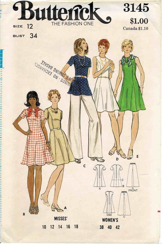 1970s Misses Fit and Flare Dress Tunic Straight Leg Pants Butterick 3145  Vintage Sewing Pattern Size 12 Bust 34 UNCUT - Etsy