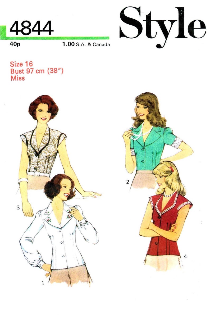 1970s Misses Front Buttoned Blouses Style 4844 Vintage Sewing Pattern UNCUT Different Sizes Available image 3