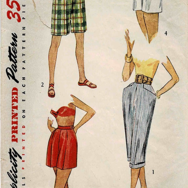 1950s Misses Pedal Pushers and Cuffed Shorts Bermuda Shorts Simplicity 4285 Vintage Sewing Pattern Waist 25 Hip 34