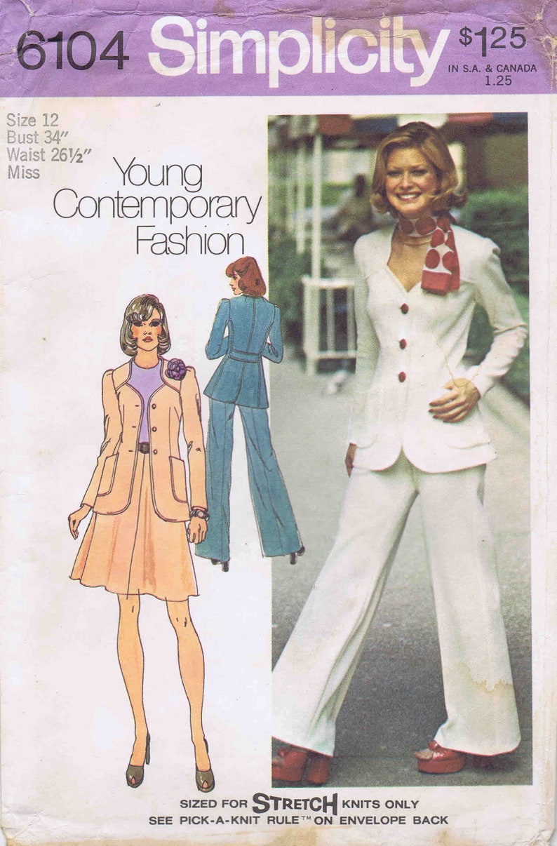 1970s Misses Sweetheart Neckline Jacket Skirt Pants Simplicity 6104 Vintage Sewing Pattern Size 12 Bust 34 UNCUT image 2