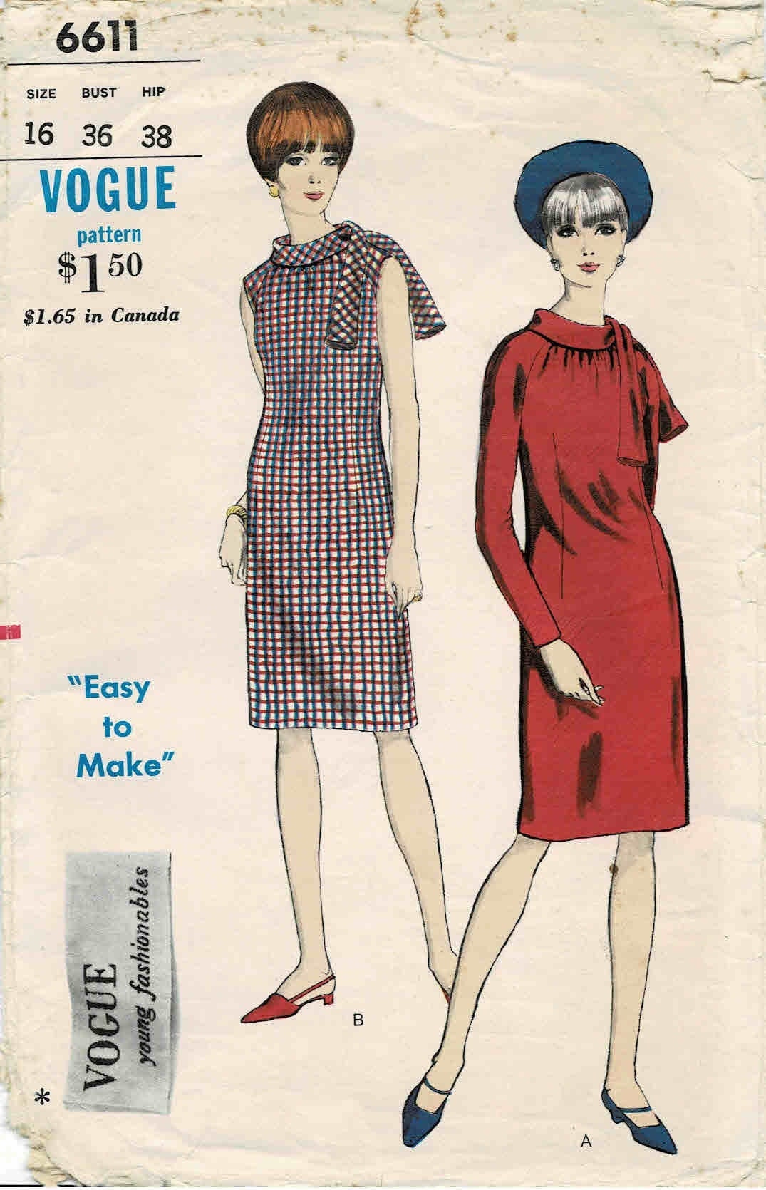 1960s Misses Roll Collar Shift Dress Vogue 6611 Vintage