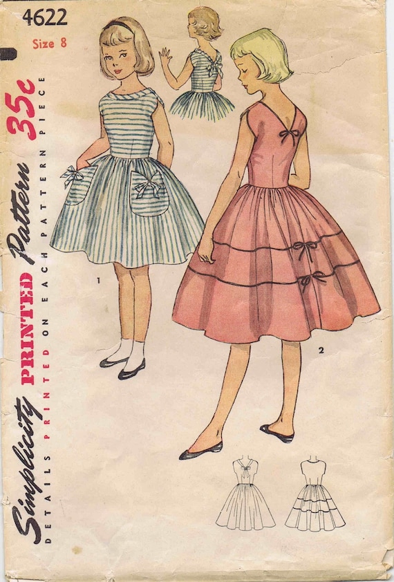 1950s Girls V-Back Fitted Bodice Full Skirt Dress Simplicity 4622 Vintage Sewing Pattern Size 8 Breast 26