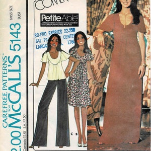 May include: A sewing pattern for a dress or top. The pattern is from McCall's and is number 5143. The pattern is for misses' sizes 14 and 36. The pattern is for a dress or top with a V-neck and short sleeves. The pattern is also for a pair of pants with a wide leg.