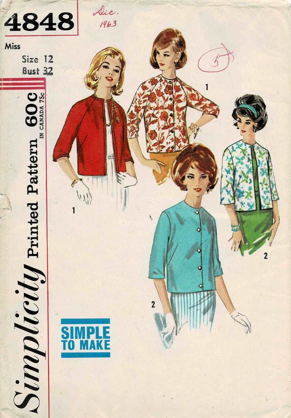 1960s Misses Jackets Simplicity 4848 Vintage Sewing Pattern
