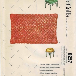 May include: A vintage McCall's transfer pattern for lattice smocking. The pattern includes instructions for a 12" x 18" pillow and two 36" x 54" transfer sheets. The pattern is for McCall's Multi-Blue 6257 and costs 75 cents.
