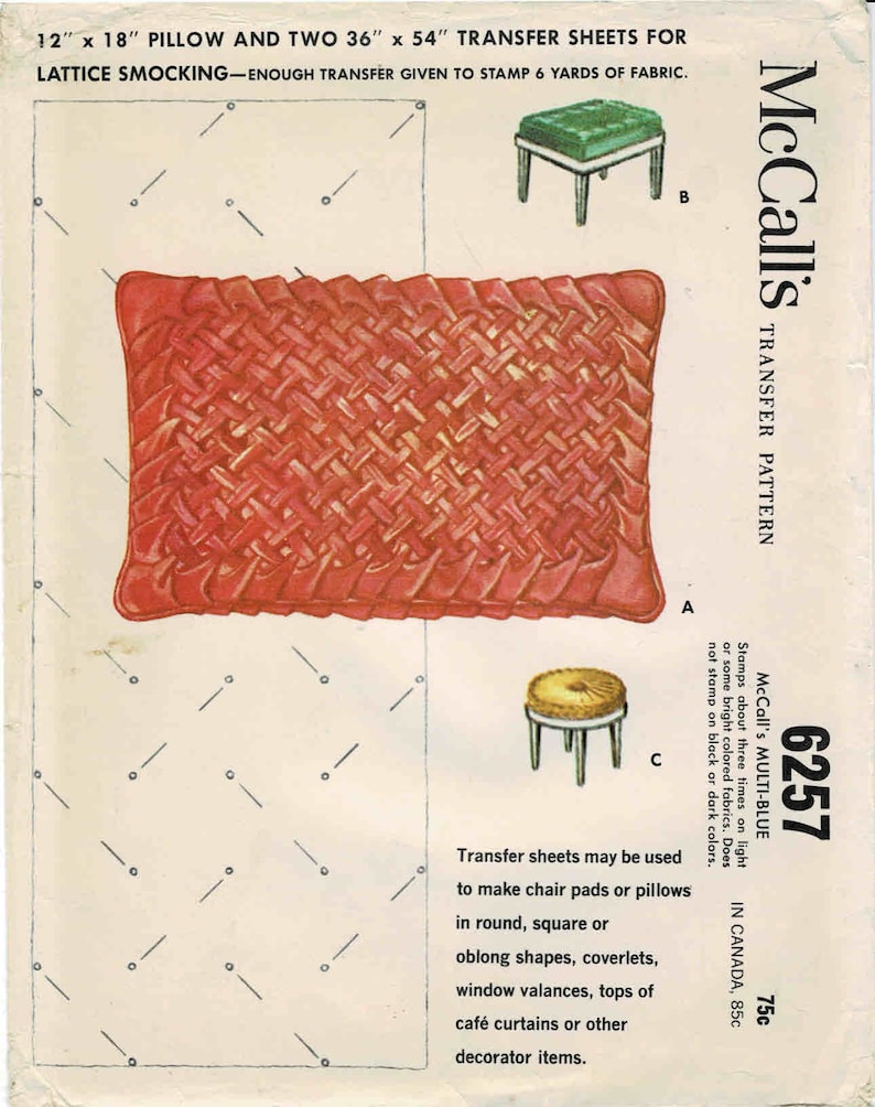 1960s Lattice Smocked Pillows Bedspreads Chair Pads Cafe Curtains Smocking Transfer McCall's 6257 Vintage Sewing Pattern UNCUT image 1