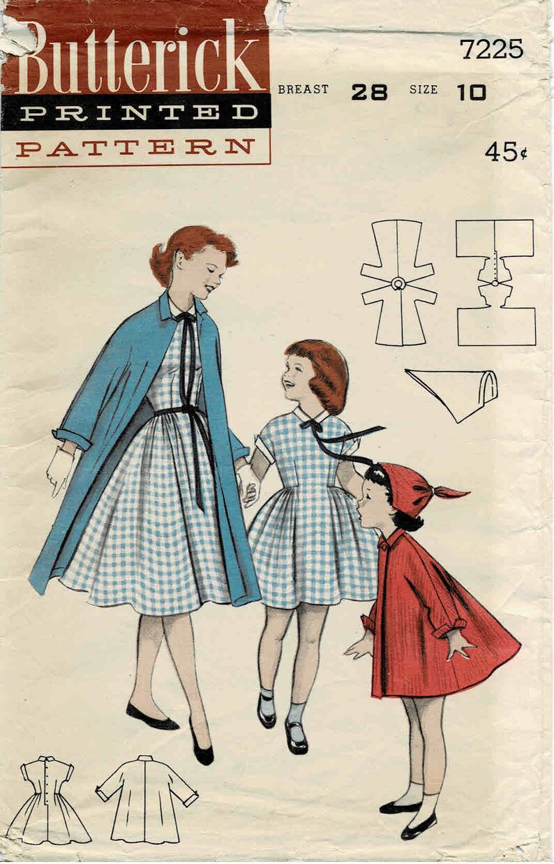 1950s Girls Full Skirt Dress Coat and Pixie Hat Ensemble Butterick 7225 Vintage Sewing Pattern Size 10 Breast 28 image 1