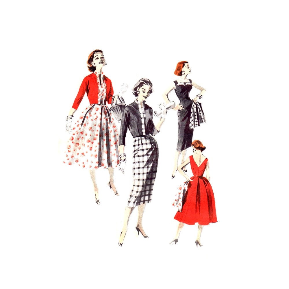1950s V Back Sheath or Full Skirt Dress Jacket Butterick 8090 - Etsy