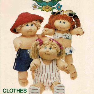 May include: A vintage sewing pattern for Cabbage Patch Kids clothes. The pattern is for a red and white striped swimsuit, a blue and white striped swimsuit, and a red hat. The pattern is from Butterick and is number 360.