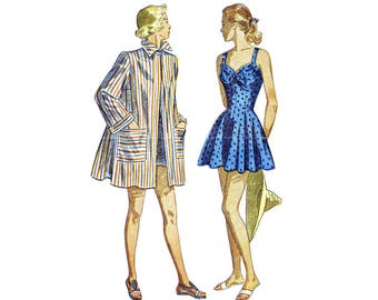 1940s Misses Skirted Swimsuit and Beach Coat Simplicity 2441 Vintage Sewing Pattern Size 16 Bust 34 OR Size 42 Bust 42