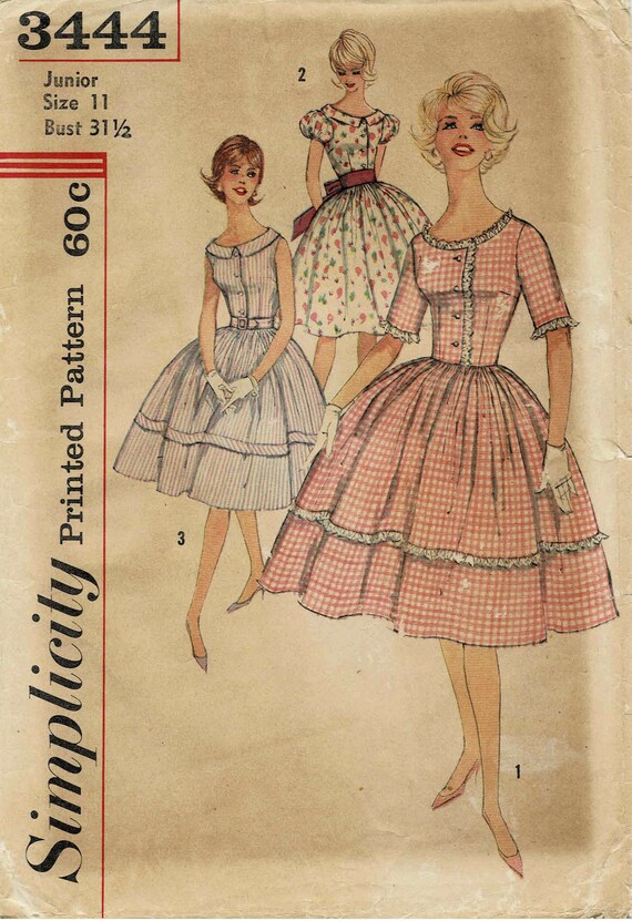 1960s Juniors Full Gathered Skirt Dress Simplicity 3444 Vintage Sewing Pattern Size 11 Bust 31 1 2 Etsy