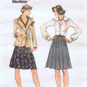 May include: A vintage sewing pattern for a skirt and jacket. The pattern is from Butterick, size 8, and designed by Daniel Hechter. The pattern features two women wearing the outfits, one in a beige jacket and floral skirt, the other in a white blouse and a gray skirt.