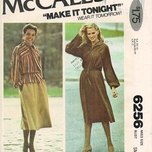 May include: A vintage sewing pattern for a dress with long sleeves and a tie waist. The pattern is from McCall's and is called "Make It Tonight, Wear It Tomorrow!" The pattern number is 6256 and the size is Miss Size, Bust Small. The pattern is $1.75.