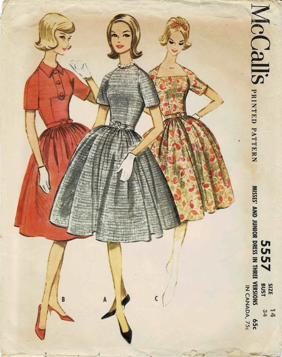 1960s Misses Full Skirt Dress McCall's 5557 Vintage Sewing Pattern Size 14  Bust 34