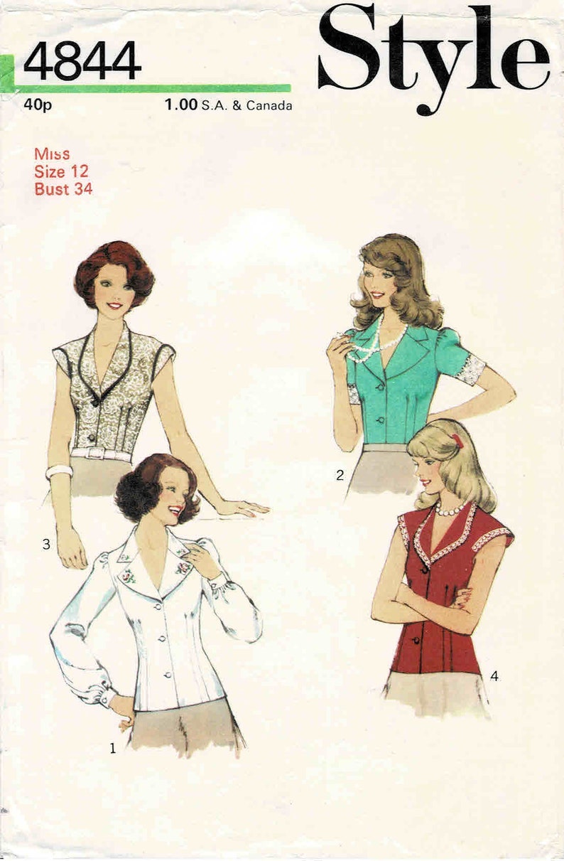 1970s Misses Front Buttoned Blouses Style 4844 Vintage Sewing Pattern UNCUT Different Sizes Available image 2