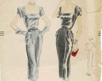 1950s Misses Slim Draped Cocktail Evening Dress Vogue 7197 Vintage Sewing Pattern Size 12 Bust 30 UNCUT Factory Folded