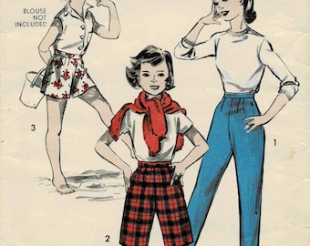 1950s Girls Short Shorts Tapered Pants Bermuda Shorts Advance 8658 Vintage Sewing Pattern Size 14 Waist 26 Hip 35