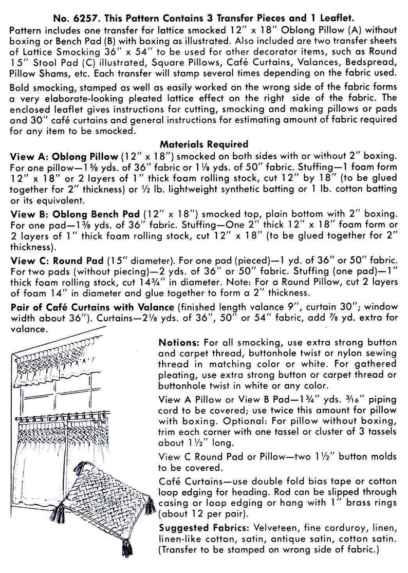 1960s Lattice Smocked Pillows Bedspreads Chair Pads Cafe Curtains Smocking Transfer McCall's 6257 Vintage Sewing Pattern UNCUT image 2