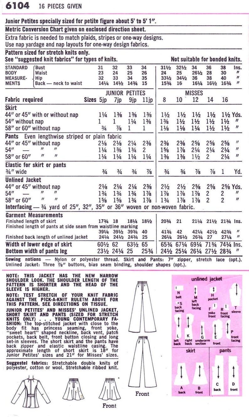 1970s Misses Sweetheart Neckline Jacket Skirt Pants Simplicity 6104 Vintage Sewing Pattern Size 12 Bust 34 UNCUT image 3