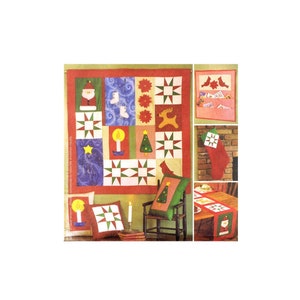 May include: A Christmas-themed quilt with a variety of festive designs, including a Santa Claus, a Christmas tree, a reindeer, and a star. The quilt is displayed on a wall with a red border. There are also matching pillows, a table runner, and a stocking.
