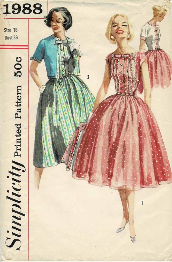1950s Full Skirt Dress and Jacket Simplicity 1988 Vintage Sewing Pattern Size 16 Bust 36 Etsy Sweden