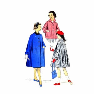 May include: Three girls wearing coats. The girl on the left is wearing a blue coat with a black collar and buttons. The girl in the middle is wearing a pink coat with a white collar and buttons. The girl on the right is wearing a gray and white coat with a red beret.