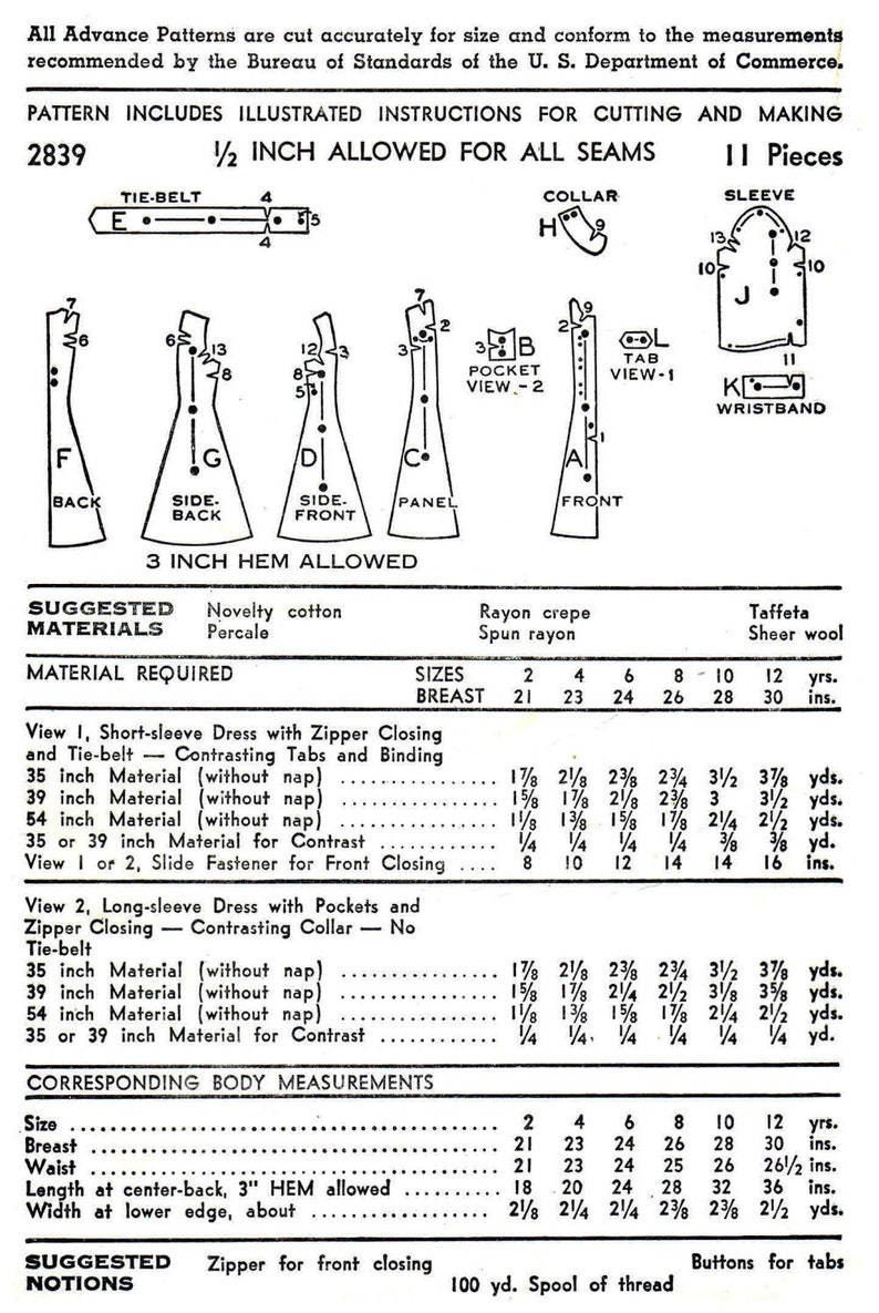 1940s Little Girls Front Zipped Princess Seam Dress Advance 2839 Vintage Sewing Pattern Size 2 Breast 21 or Size 12 Breast 30 FACTORY FOLDED image 4