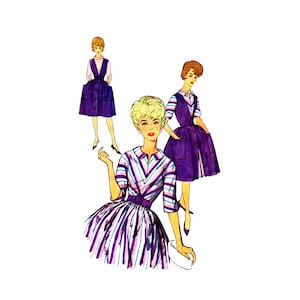 May include: Three women wearing different styles of purple and white dresses. The woman in the center is wearing a striped dress with a bow at the waist. The woman on the left is wearing a dress with a white collar and a vest. The woman on the right is wearing a dress with a white collar and pockets.