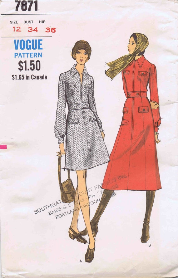 1970s Misses A-line Front Zippered Dress Vogue 7871 Vintage Sewing Pattern  Size 12 Bust 34 UNCUT