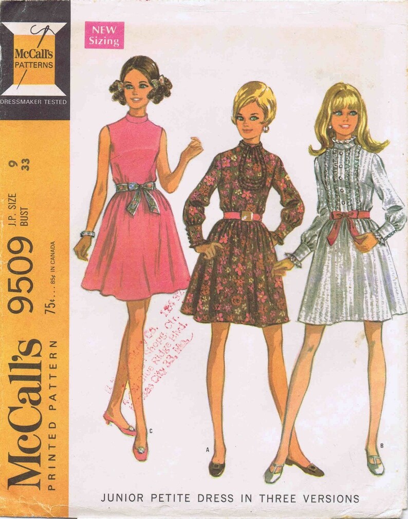 1960s Full Skirt Dress McCalls 9509 Vintage Sewing Pattern Junior Petite Size 9 Bust 33 UNCUT image 2
