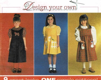 1990s Girls Puff Sleeve Blouse Raised Waist Full Skirt Jumper Simplicity 7821 Vintage Sewing Pattern Size 5 - 6 - 7 - 8 UNCUT
