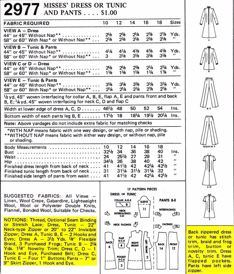 1970s Misses Dress Tunic Pants McCalls 2977 Vintage Sewing Pattern Size 12 Bust 34 image 2