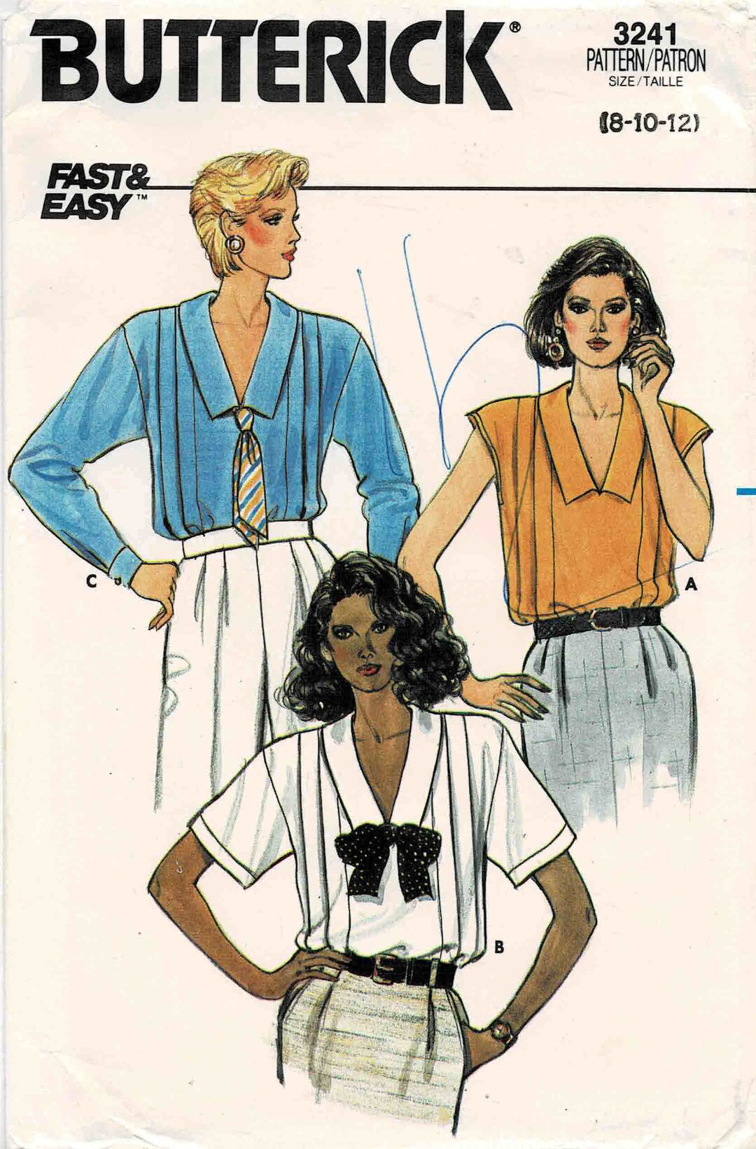 1980s Misses Front Tucked Pullover Blouse Butterick 3241 Vintage Sewing ...